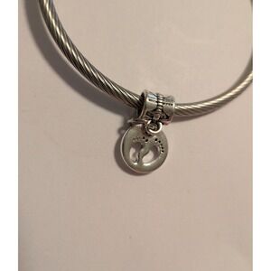 Silver Baby Feet Charm Cable Wire Bangle Bracelet Motherhood Jewelry